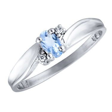 JCX302515: Genuine Aquamarine 5x3 oval (March birthstone) set in 10kt white gold ring with 2 accent diamonds .01cttw 
