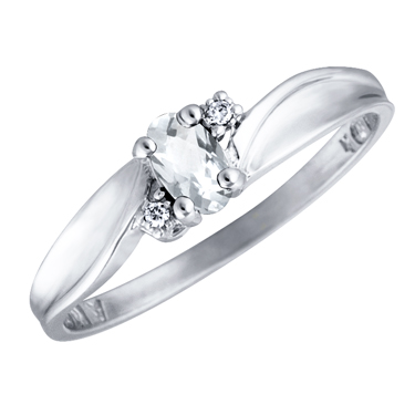 JCX302513: Genuine White Topaz 5x3 oval (April birthstone) set in 10kt white gold ring with 2 accent diamonds .01cttw
