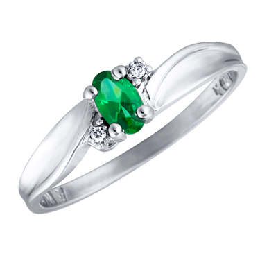 JCX302511: Created Emerald 5x3 oval (May birthstone) set in 10kt white gold ring with 2 accent diamonds .01cttw 
