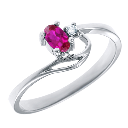 JCX302167: Created Ruby 5x3 oval (July birthstone) set in 10kt white gold ring with .02ct round diamond accent.