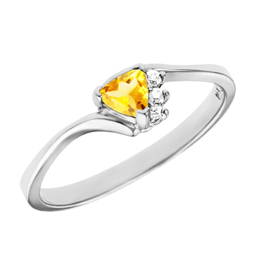 JCX302160: Genuine 4mm Trillion cut citrine ''November Birthstone'' with 3 diamonds set in a 10kt white ring.