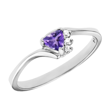 Genuine 4mm Trillion cut amethyst  ''February Birthstone'' with 3 diamonds set in a 10kt white ring.