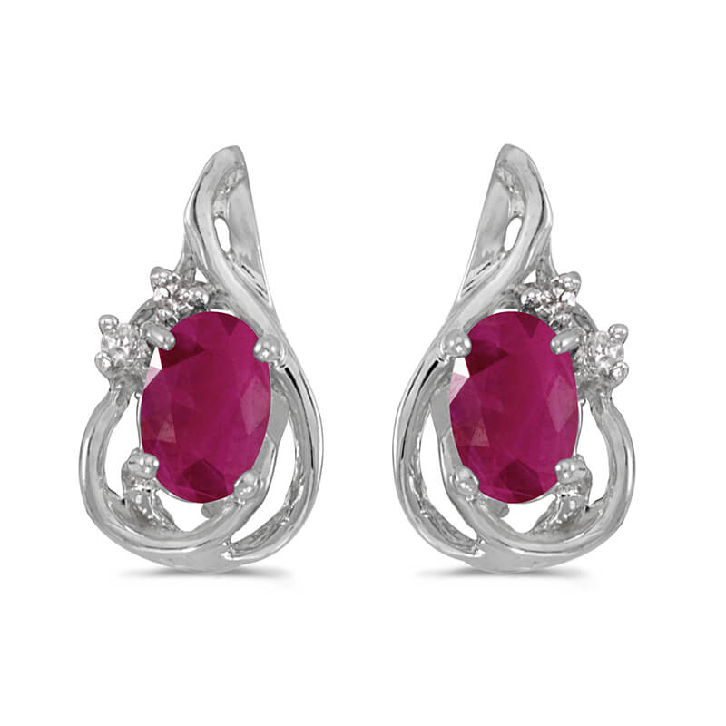 JCX1980: These 14k white gold oval ruby and diamond teardrop earrings feature 6x4 mm genuine natural rubys with a 0.72 ct total weight and .04 ct diamonds.