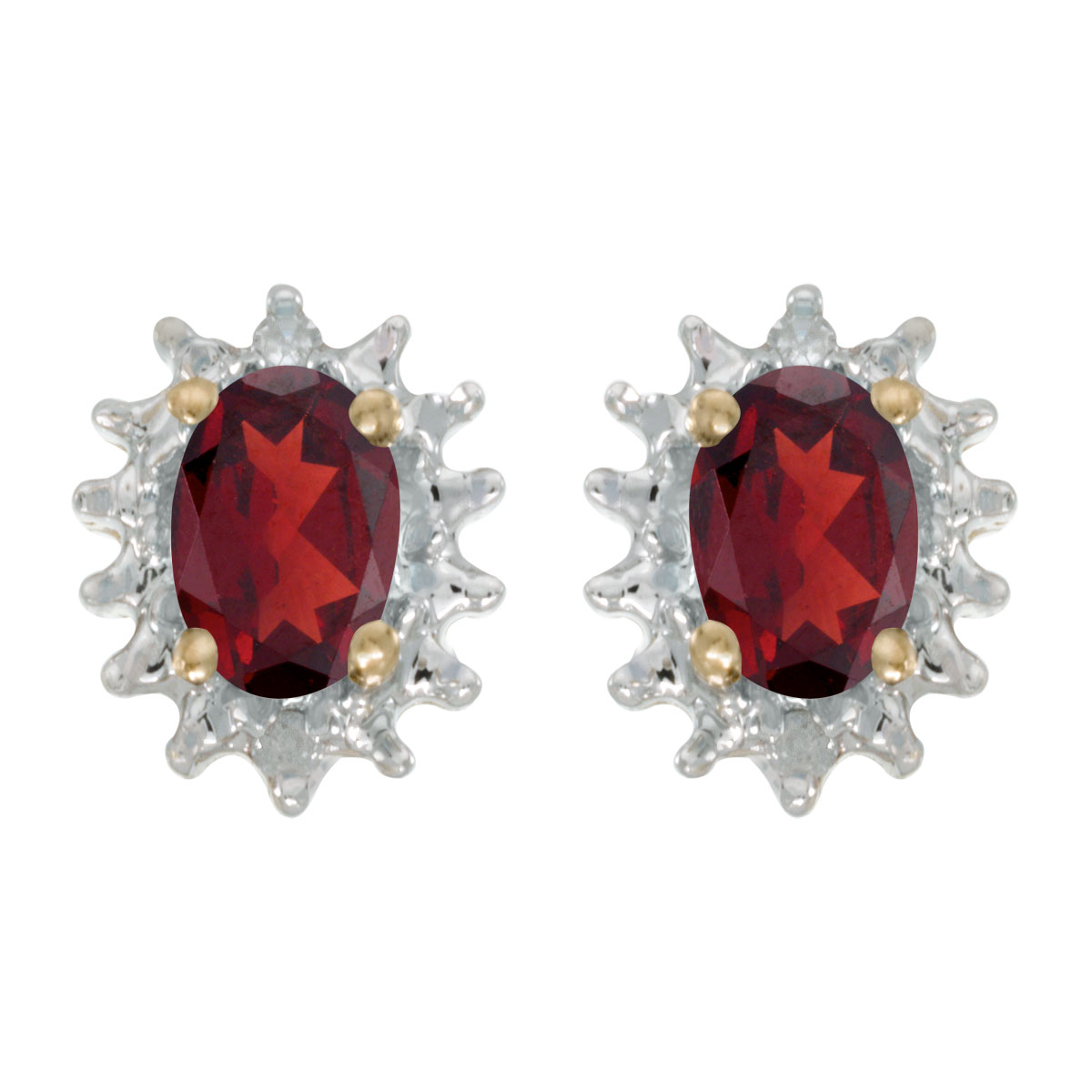 JCX1989: These 14k yellow gold oval garnet and diamond earrings feature 6x4 mm genuine natural garnets with a 0.94 ct total weight and .04 ct diamonds.