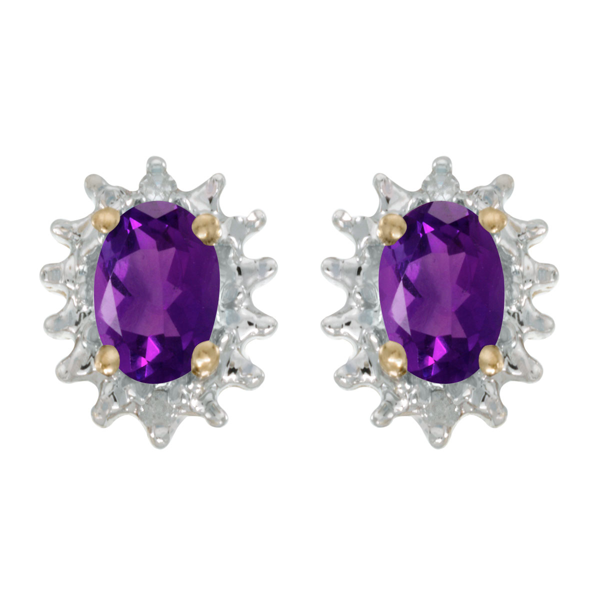 These 14k yellow gold oval amethyst and diamond earrings feature 6x4 mm genuine natural amethysts with a 0.68 ct total weight and .04 ct diamonds.
