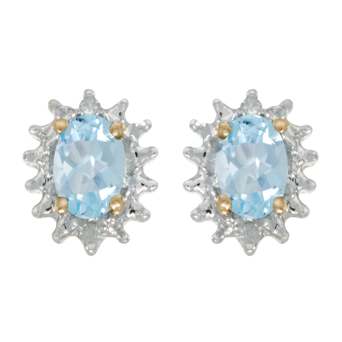 These 14k yellow gold oval aquamarine and diamond earrings feature 6x4 mm genuine natural aquamarines with a 0.58 ct total weight and .04 ct diamonds.