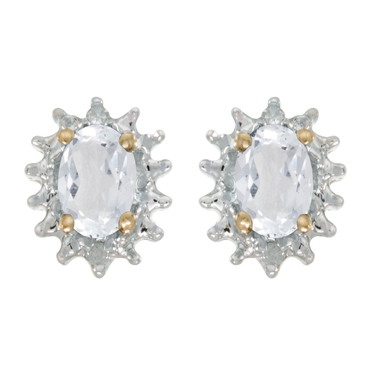 JCX1992: These 14k yellow gold oval white topaz and diamond earrings feature 6x4 mm genuine natural white topazs with a 0.96 ct total weight and .04 ct diamonds.