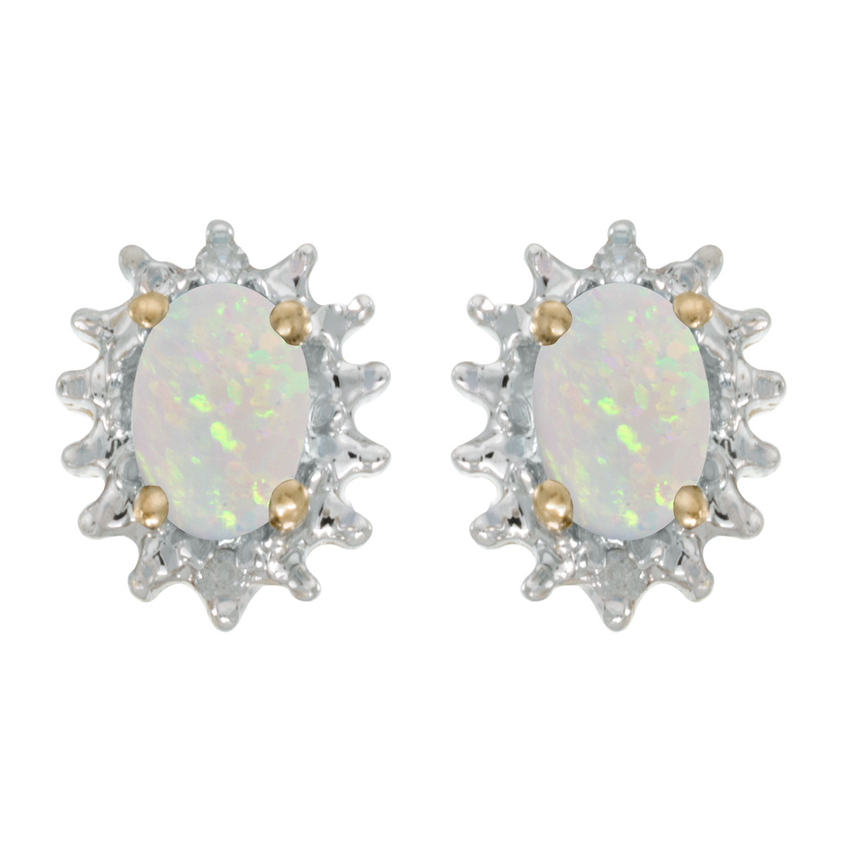 JCX1997: These 14k yellow gold oval opal and diamond earrings feature 6x4 mm genuine natural opals with a 0.38 ct total weight and .04 ct diamonds.