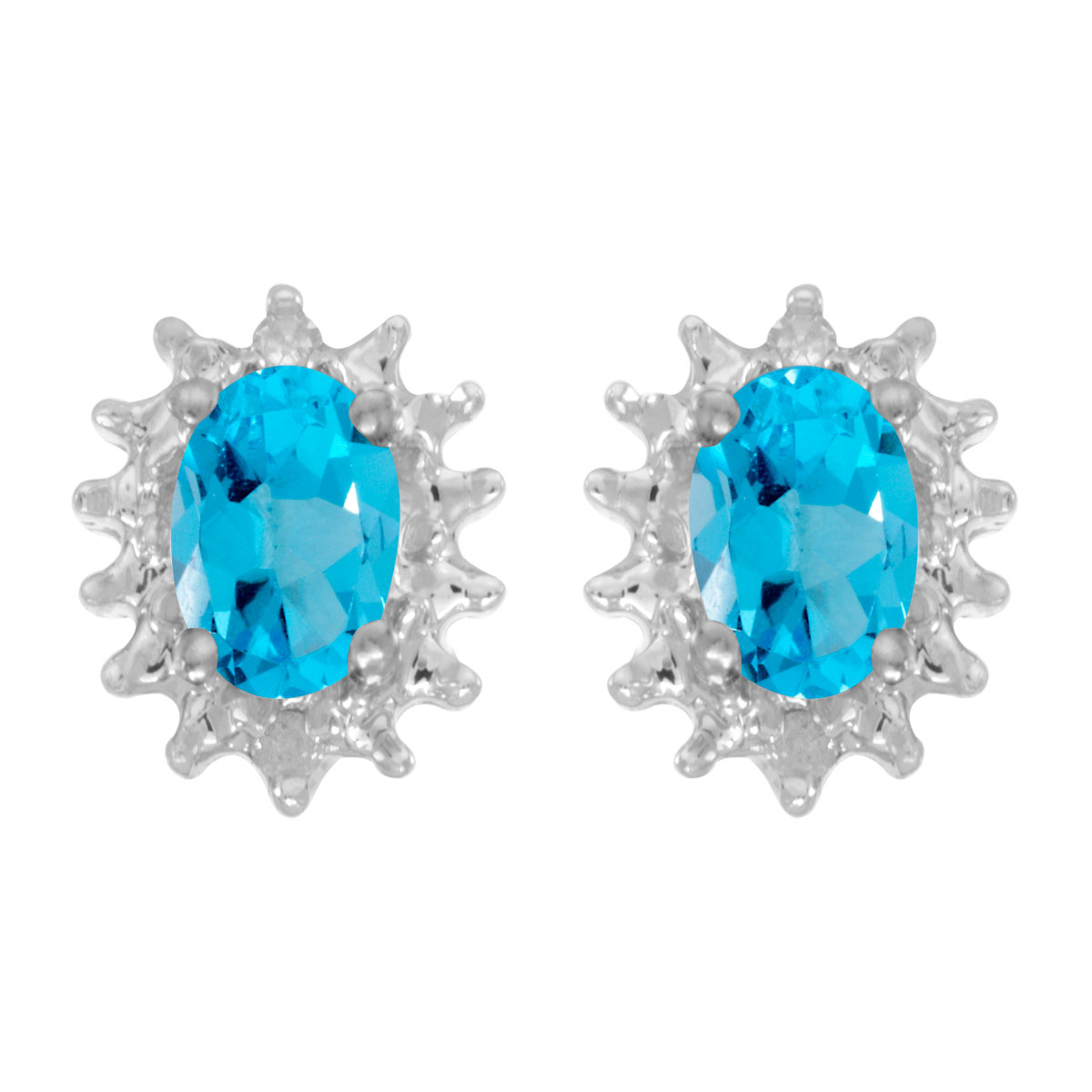 JCX1999: These 14k yellow gold oval blue topaz and diamond earrings feature 6x4 mm genuine natural blue topazs with a 0.80 ct total weight and .04 ct diamonds.