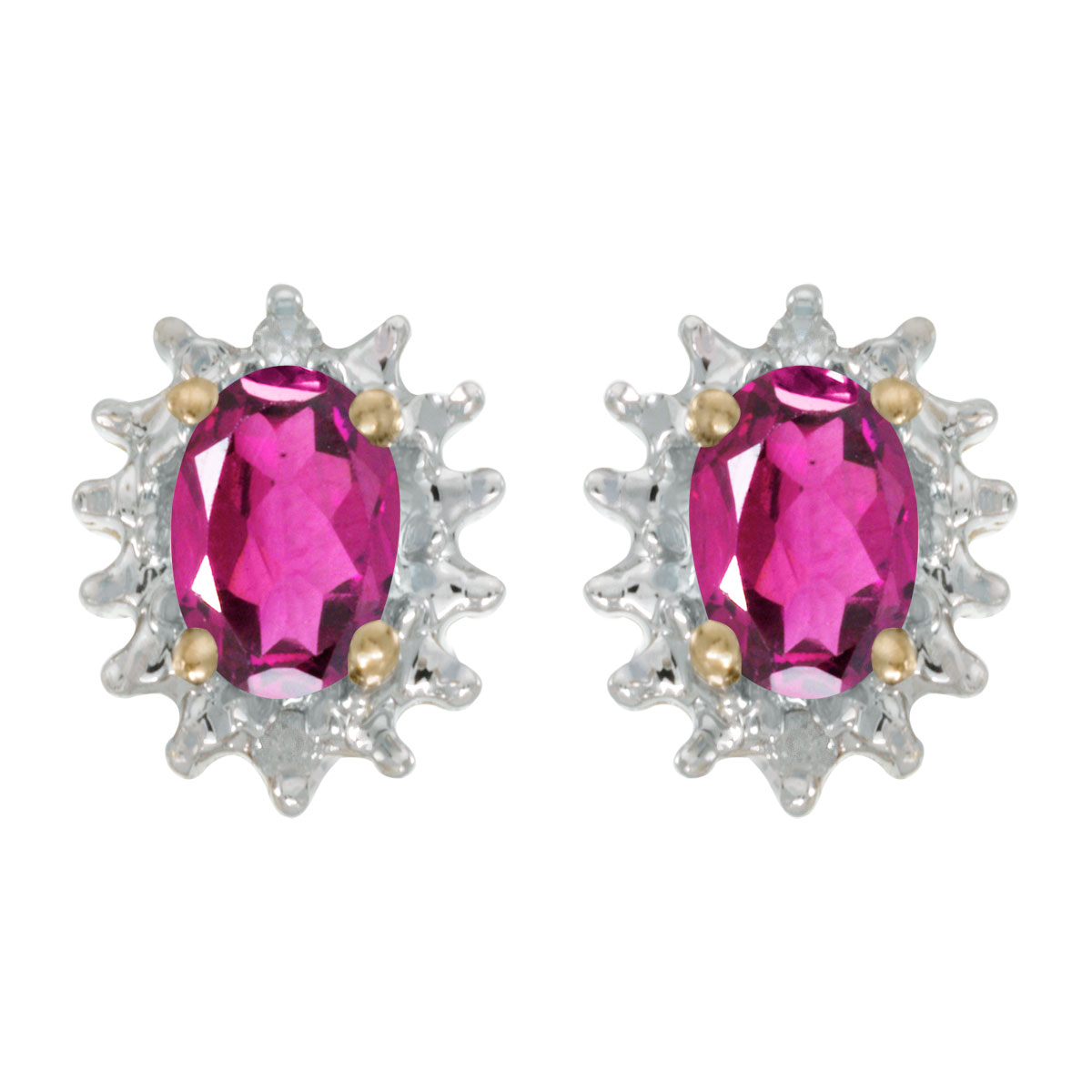 JCX2000: These 14k yellow gold oval pink topaz and diamond earrings feature 6x4 mm genuine natural pink topazs with a 0.86 ct total weight and .04 ct diamonds.