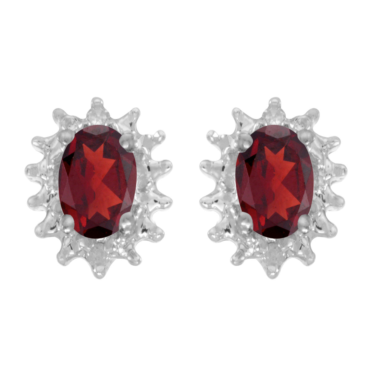 JCX2002: These 14k white gold oval garnet and diamond earrings feature 6x4 mm genuine natural garnets with a 0.94 ct total weight and .04 ct diamonds.