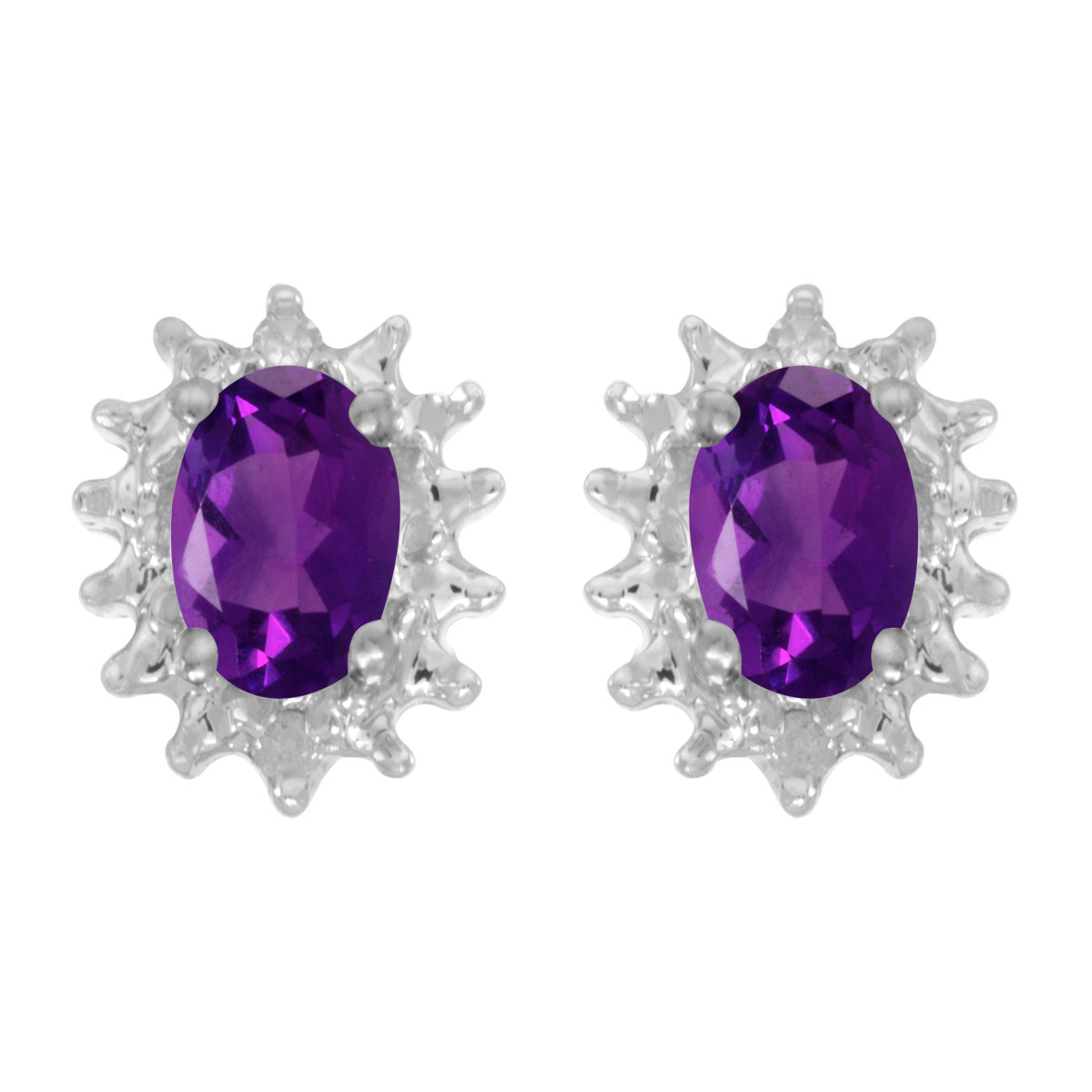 These 14k white gold oval amethyst and diamond earrings feature 6x4 mm genuine natural amethysts with a 0.68 ct total weight and .04 ct diamonds.