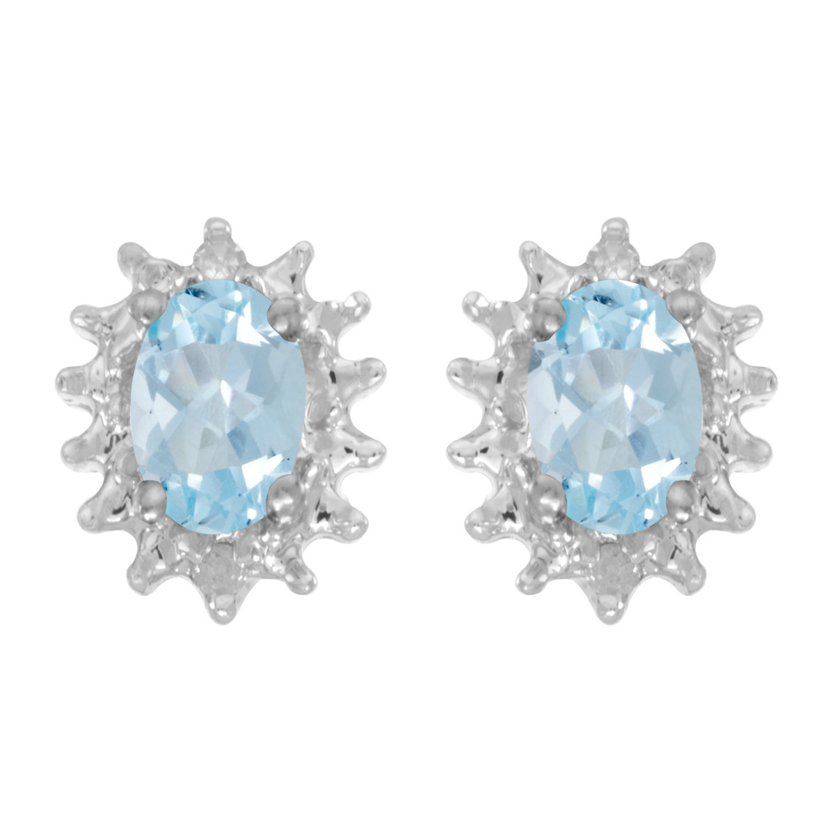 JCX2004: These 14k white gold oval aquamarine and diamond earrings feature 6x4 mm genuine natural aquamarines with a 0.58 ct total weight and .04 ct diamonds.