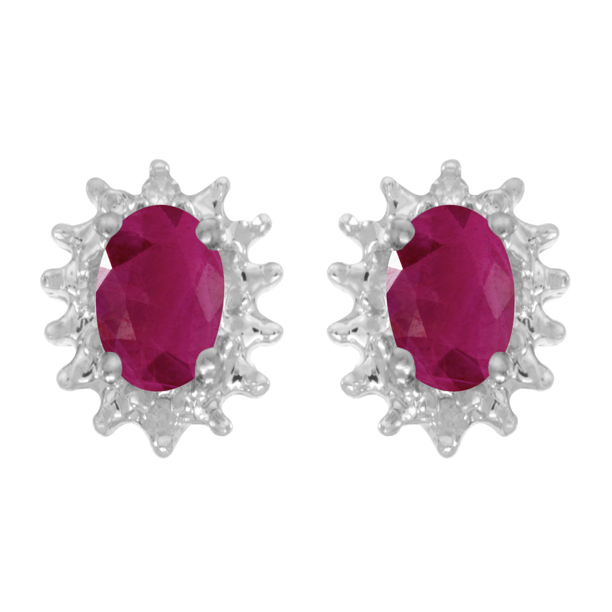 JCX2007: These 14k white gold oval ruby and diamond earrings feature 6x4 mm genuine natural rubys with a 0.72 ct total weight and .04 ct diamonds.