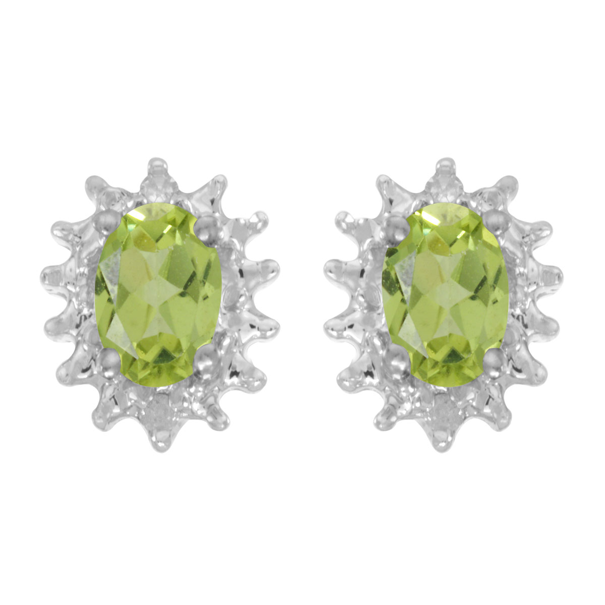 JCX2008: These 14k white gold oval peridot and diamond earrings feature 6x4 mm genuine natural peridots with a 0.80 ct total weight and .04 ct diamonds.