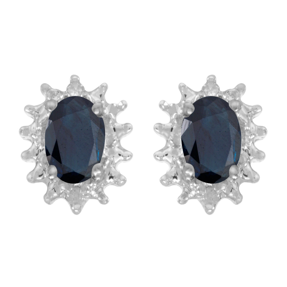 JCX2009: These 14k white gold oval sapphire and diamond earrings feature 6x4 mm genuine natural sapphires with a 0.78 ct total weight and .04 ct diamonds.
