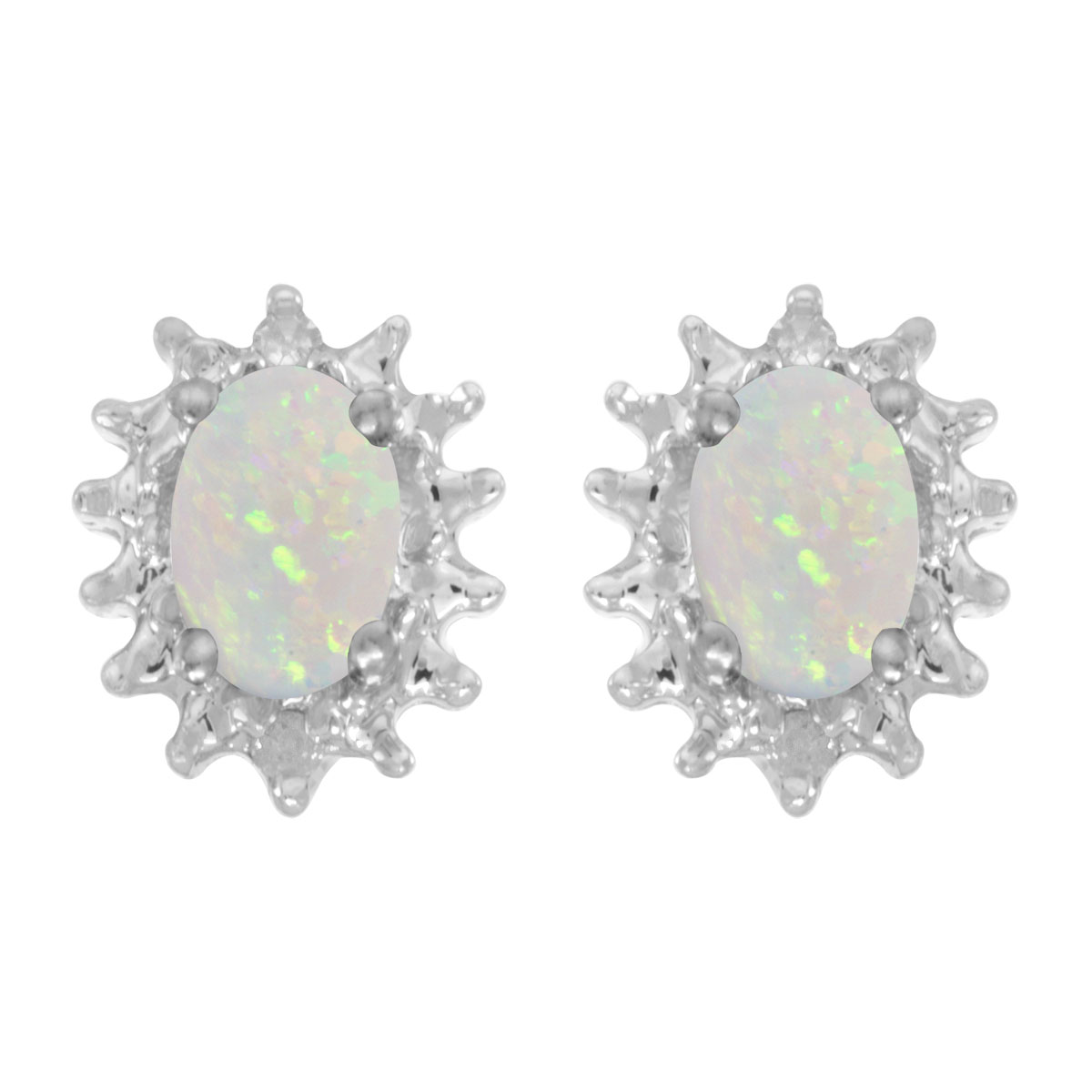 JCX2010: These 14k white gold oval opal and diamond earrings feature 6x4 mm genuine natural opals with a 0.38 ct total weight and .04 ct diamonds.