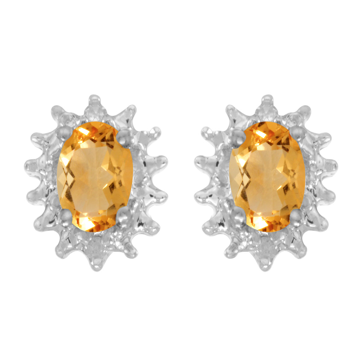 JCX2011: These 14k white gold oval citrine and diamond earrings feature 6x4 mm genuine natural citrines with a 0.62 ct total weight and .04 ct diamonds.