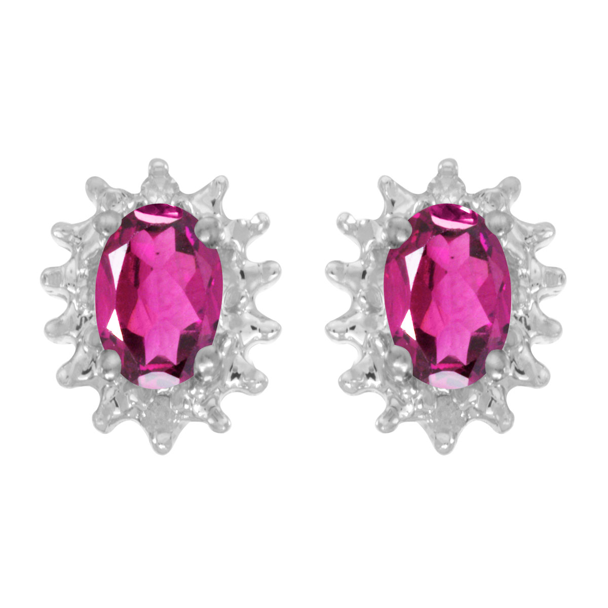 These 14k white gold oval pink topaz and diamond earrings feature 6x4 mm genuine natural pink topazs with a 0.86 ct total weight and .04 ct diamonds.