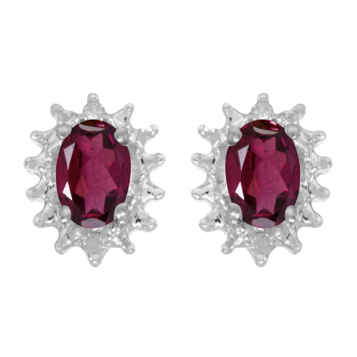 JCX2014: These 14k white gold oval rhodolite garnet and diamond earrings feature 6x4 mm genuine natural rhodolite garnets with a 0.98 ct total weight and .04 ct diamonds.