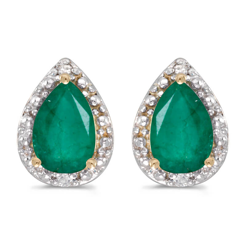 JCX2022: These 14k yellow gold pear emerald and diamond earrings feature 6x4 mm genuine natural emeralds with a 1.24 ct total weight and sparkling diamond accents.