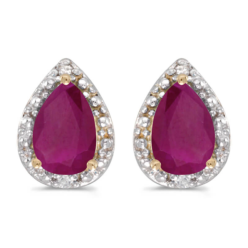 JCX2023: These 14k yellow gold pear ruby and diamond earrings feature 6x4 mm genuine natural rubys with a 1.00 ct total weight and sparkling diamond accents.