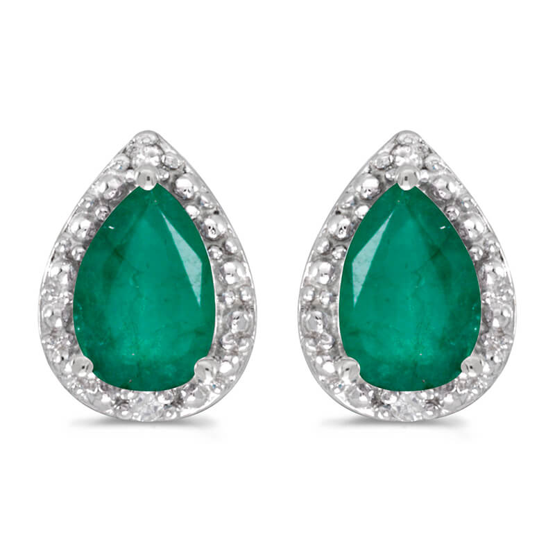 JCX2025: These 14k white gold pear emerald and diamond earrings feature 6x4 mm genuine natural emeralds with a 1.24 ct total weight and sparkling diamond accents.