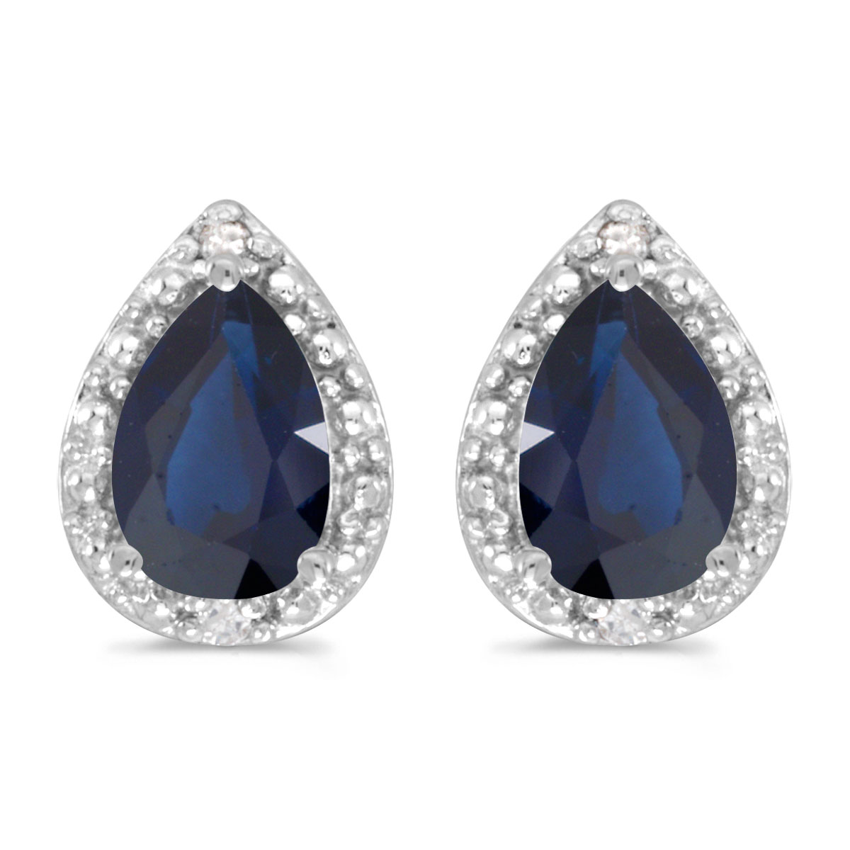 JCX2027: These 14k white gold pear sapphire and diamond earrings feature 6x4 mm genuine natural sapphires with a .90 ct total weight and sparkling diamond accents and .02 ct diamonds.
