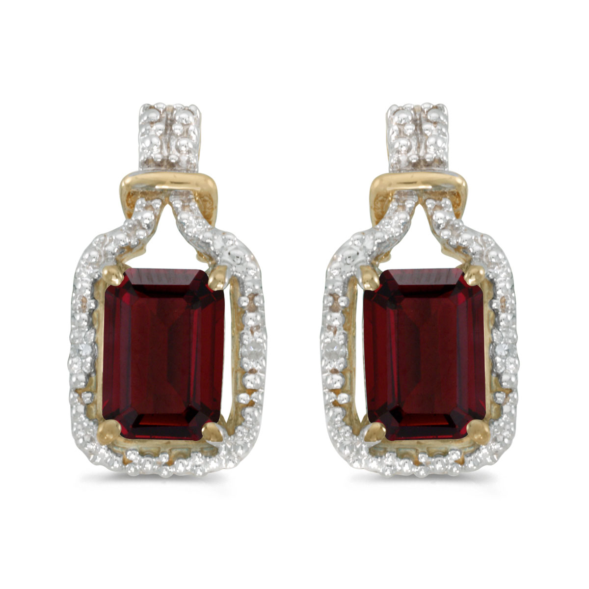 JCX2038: These 14k yellow gold emerald-cut garnet and diamond earrings feature 7x5 mm genuine natural garnets with a 1.92 ct total weight and sparkling diamond accents.