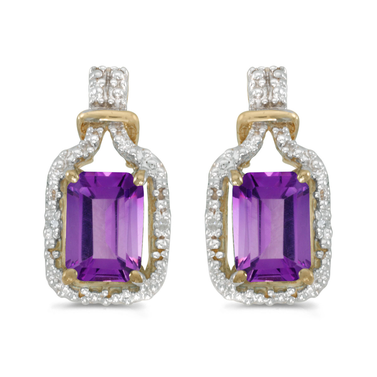 JCX2039: These 14k yellow gold emerald-cut amethyst and diamond earrings feature 7x5 mm genuine natural amethysts with a 1.54 ct total weight and sparkling diamond accents.