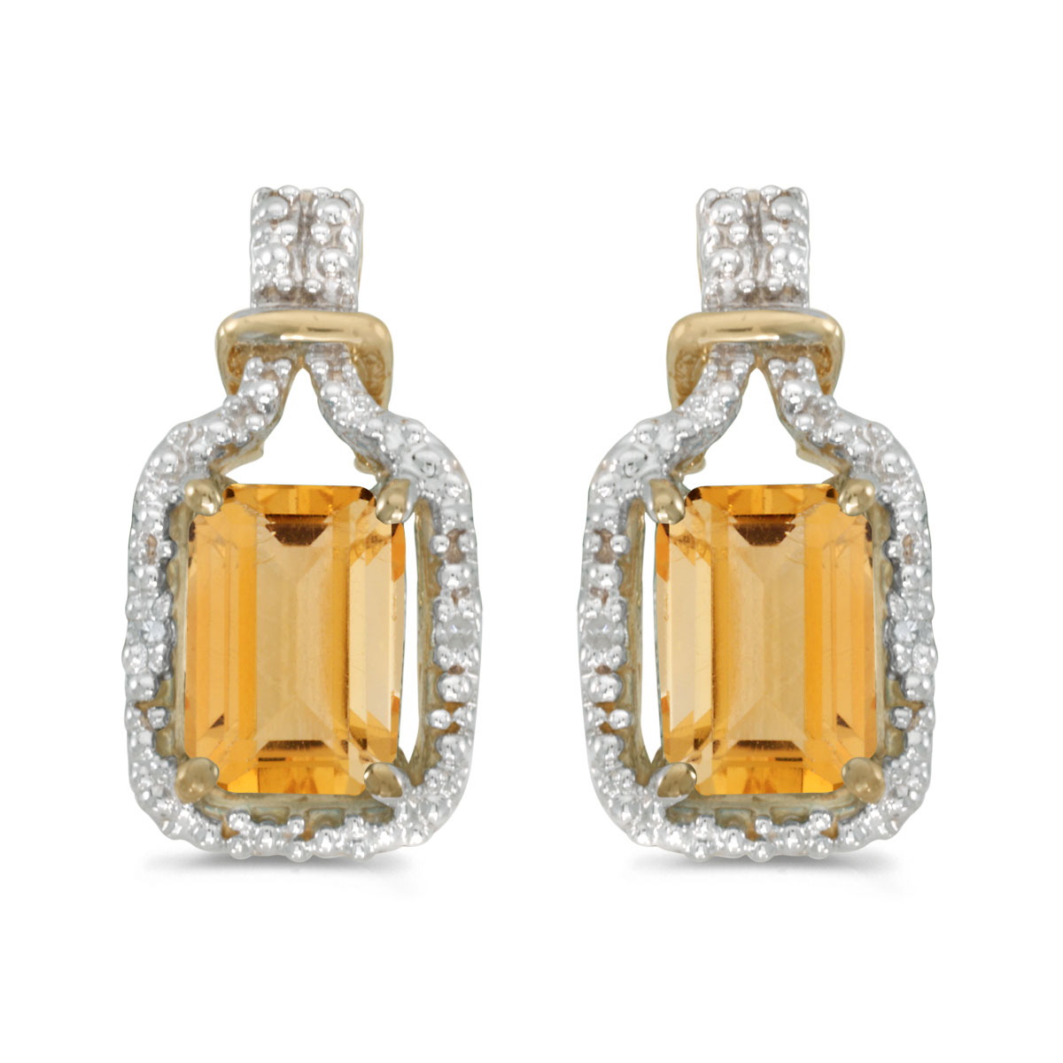 JCX2041: These 14k yellow gold emerald-cut citrine and diamond earrings feature 7x5 mm genuine natural citrines with a 1.58 ct total weight and sparkling diamond accents.
