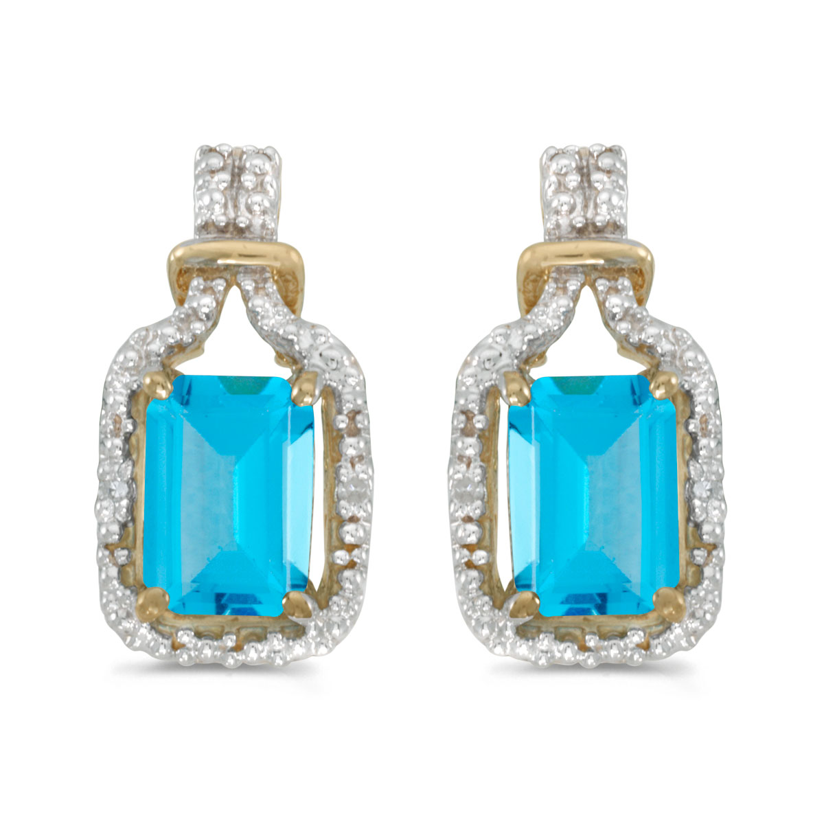 JCX2042: These 14k yellow gold emerald-cut blue topaz and diamond earrings feature 7x5 mm genuine natural blue topazs with a 2.30 ct total weight and sparkling diamond accents.