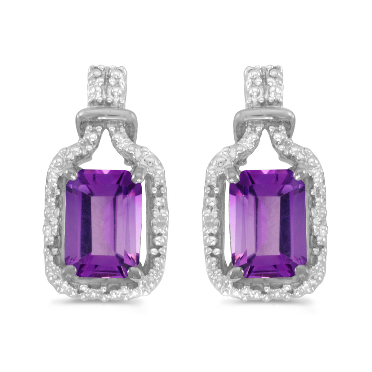 These 14k white gold emerald-cut amethyst and diamond earrings feature 7x5 mm genuine natural amethysts with a 1.54 ct total weight and sparkling diamond accents.