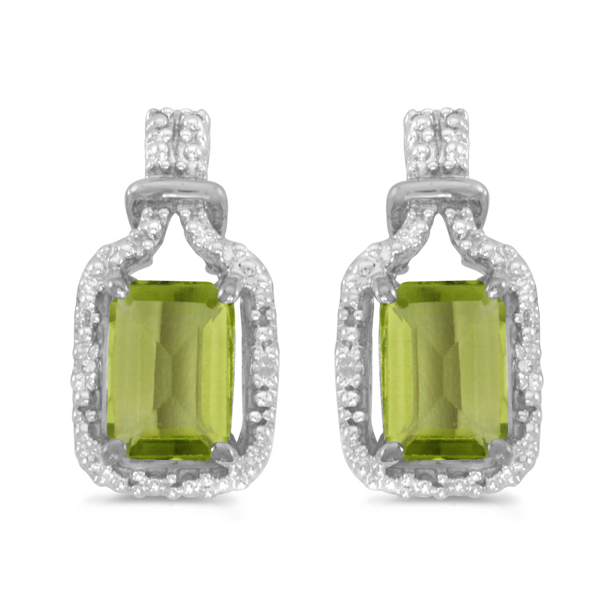 JCX2045: These 14k white gold emerald-cut peridot and diamond earrings feature 7x5 mm genuine natural peridots with a 1.66 ct total weight and sparkling diamond accents.