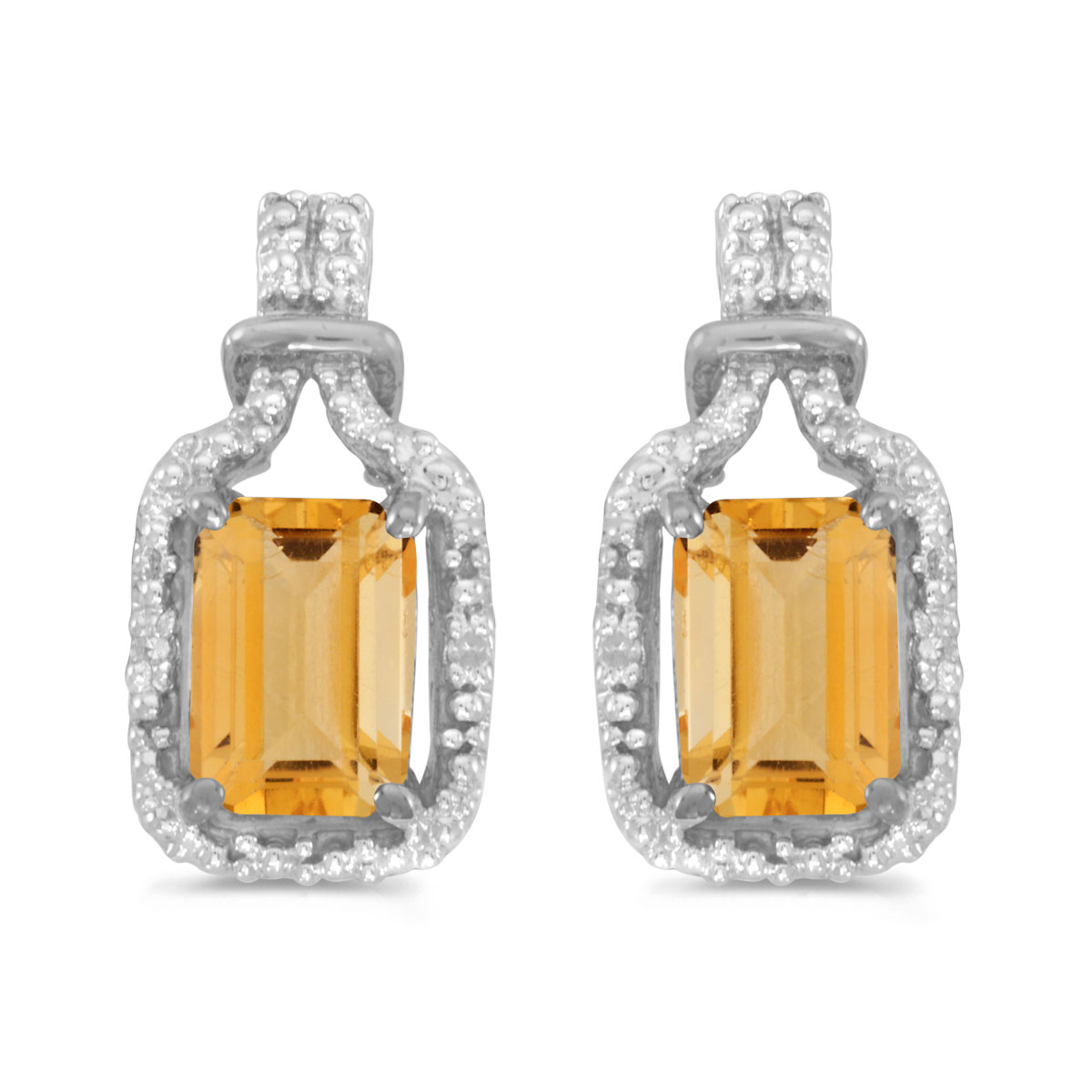 JCX2046: These 14k white gold emerald-cut citrine and diamond earrings feature 7x5 mm genuine natural citrines with a 1.58 ct total weight and sparkling diamond accents.