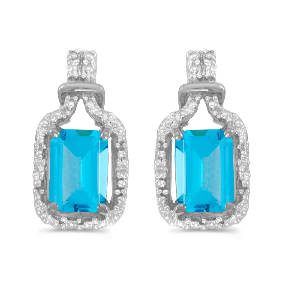 JCX2047: These 14k white gold emerald-cut blue topaz and diamond earrings feature 7x5 mm genuine natural blue topazs with a 2.30 ct total weight and sparkling diamond accents.