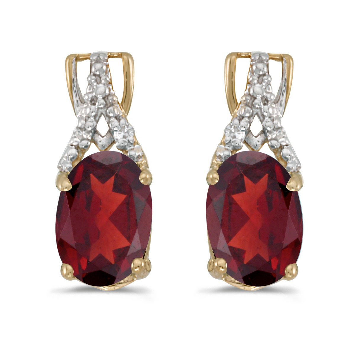 JCX2054: These 14k yellow gold oval garnet and diamond earrings feature 7x5 mm genuine natural garnets with a 1.40 ct total weight and sparkling diamond accents.