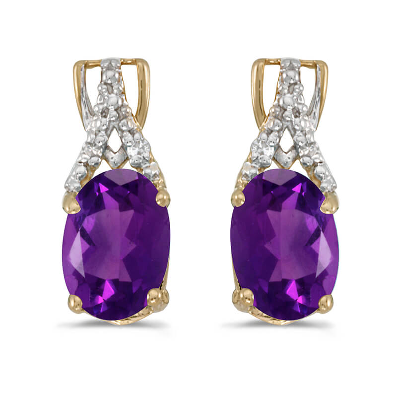 JCX2055: These 14k yellow gold oval amethyst and diamond earrings feature 7x5 mm genuine natural amethysts with a 0.90 ct total weight and sparkling diamond accents.