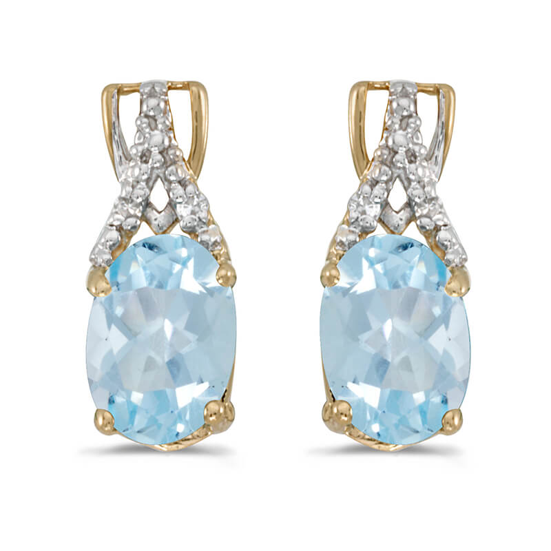 JCX2056: These 14k yellow gold oval aquamarine and diamond earrings feature 7x5 mm genuine natural aquamarines with a 1.12 ct total weight and sparkling diamond accents.