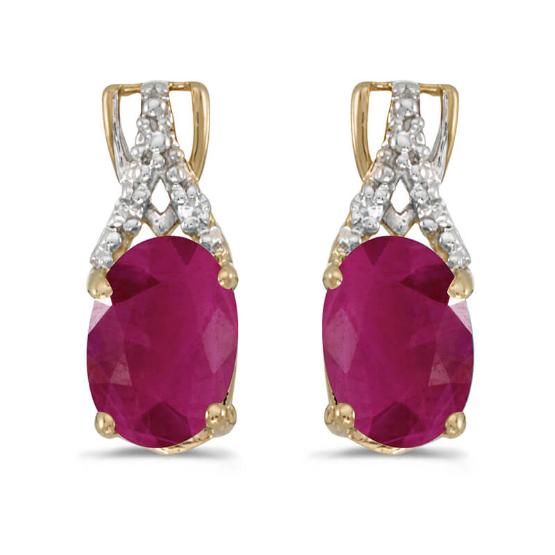 JCX2059: These 14k yellow gold oval ruby and diamond earrings feature 7x5 mm genuine natural rubys with a 1.46 ct total weight and sparkling diamond accents.