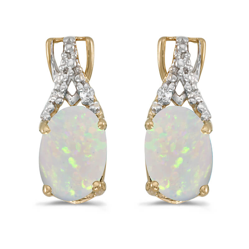 JCX2062: These 14k yellow gold oval opal and diamond earrings feature 7x5 mm genuine natural opals with a 0.50 ct total weight and sparkling diamond accents.