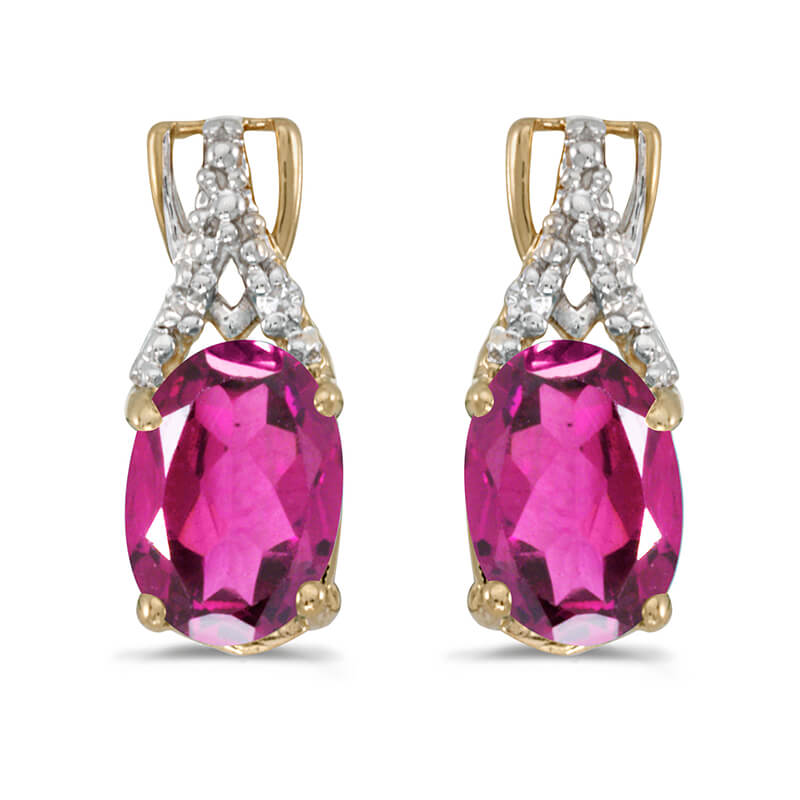 JCX2065: These 14k yellow gold oval pink topaz and diamond earrings feature 7x5 mm genuine natural pink topazs with a 1.66 ct total weight and sparkling diamond accents.
