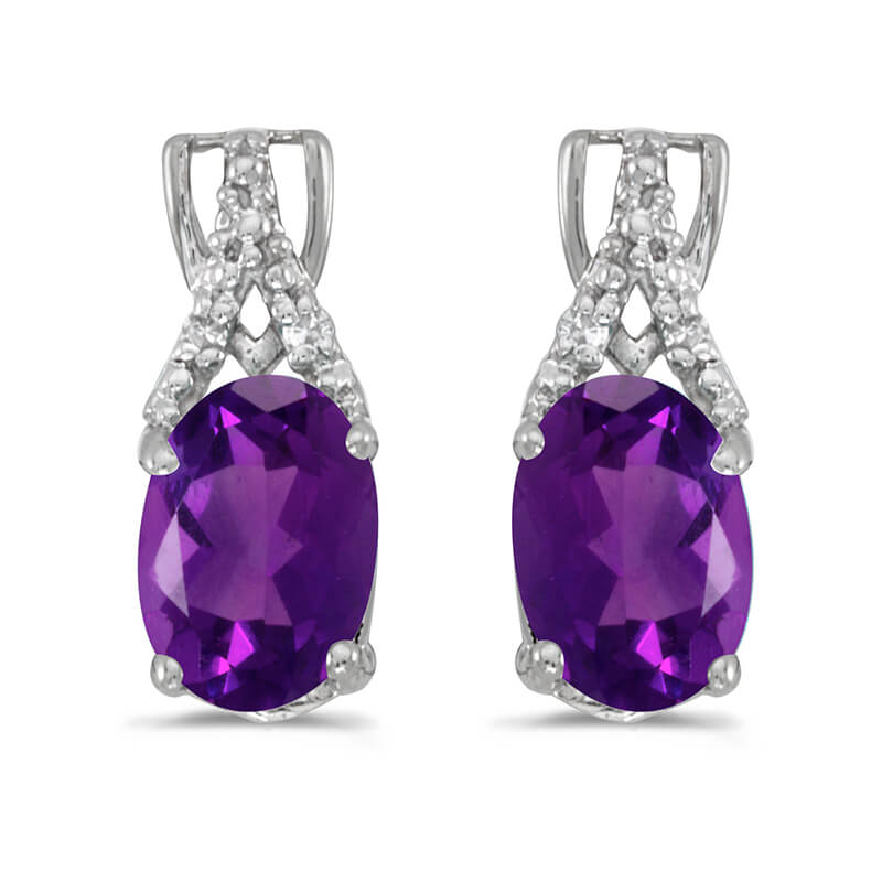 JCX2068: These 14k white gold oval amethyst and diamond earrings feature 7x5 mm genuine natural amethysts with a 0.90 ct total weight and sparkling diamond accents.