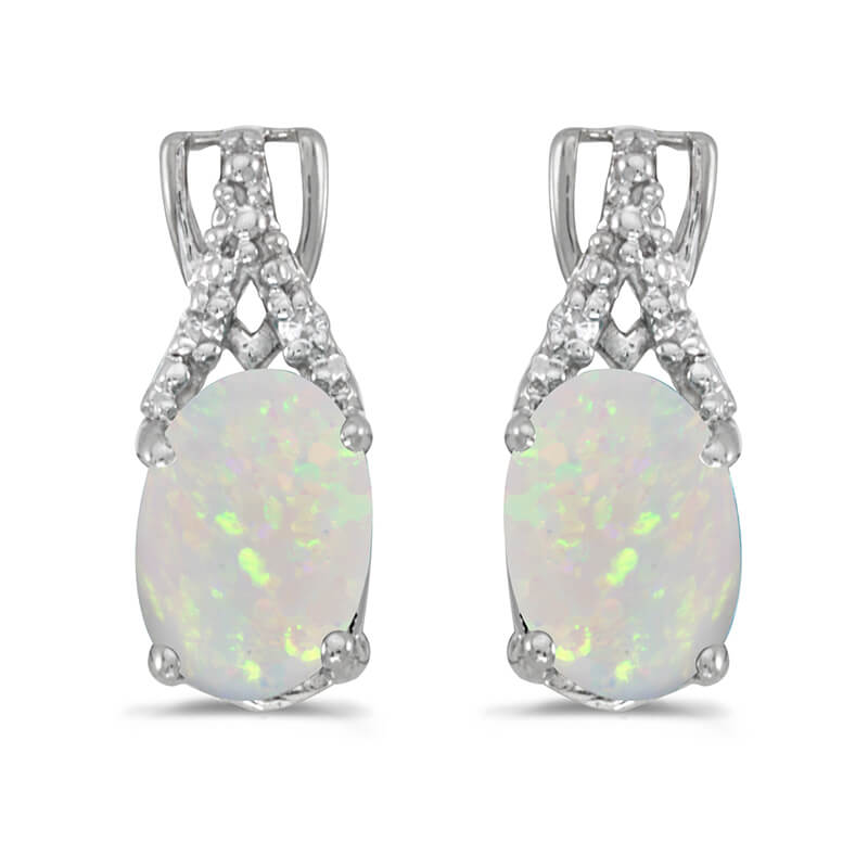 JCX2074: These 14k white gold oval opal and diamond earrings feature 7x5 mm genuine natural opals with a 0.50 ct total weight and sparkling diamond accents.