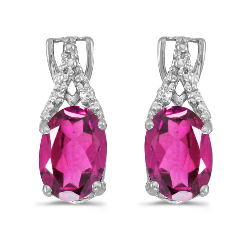 JCX2077: These 14k white gold oval pink topaz and diamond earrings feature 7x5 mm genuine natural pink topazs with a 1.66 ct total weight and sparkling diamond accents.