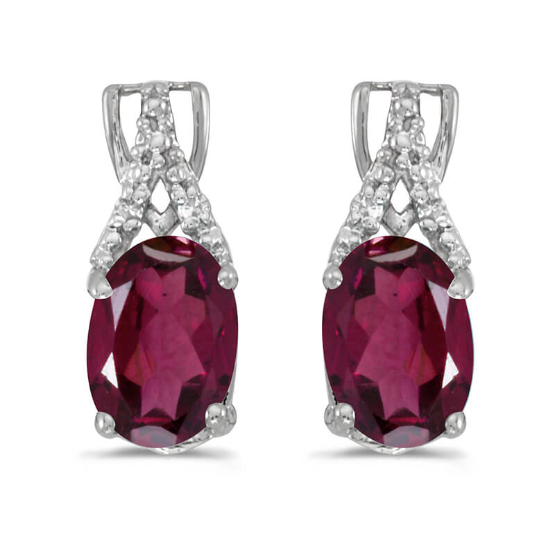 JCX2078: These 14k white gold oval rhodolite garnet and diamond earrings feature 7x5 mm genuine natural rhodolite garnets with a 1.74 ct total weight and sparkling diamond accents.