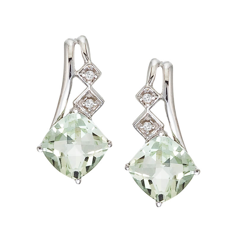 JCX2086: These stunning earrings feature vibrant natural 6 mm green amethyst gemstones and natural shimmering diamonds set in 14k white gold.