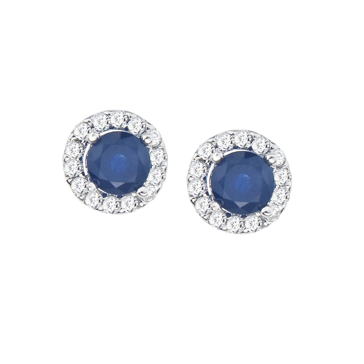 JCX2090: Classicly beautiful halo earrings with bright 5 mm sapphire center stones surrounded by .34 total ct diamonds set in 14k white gold.