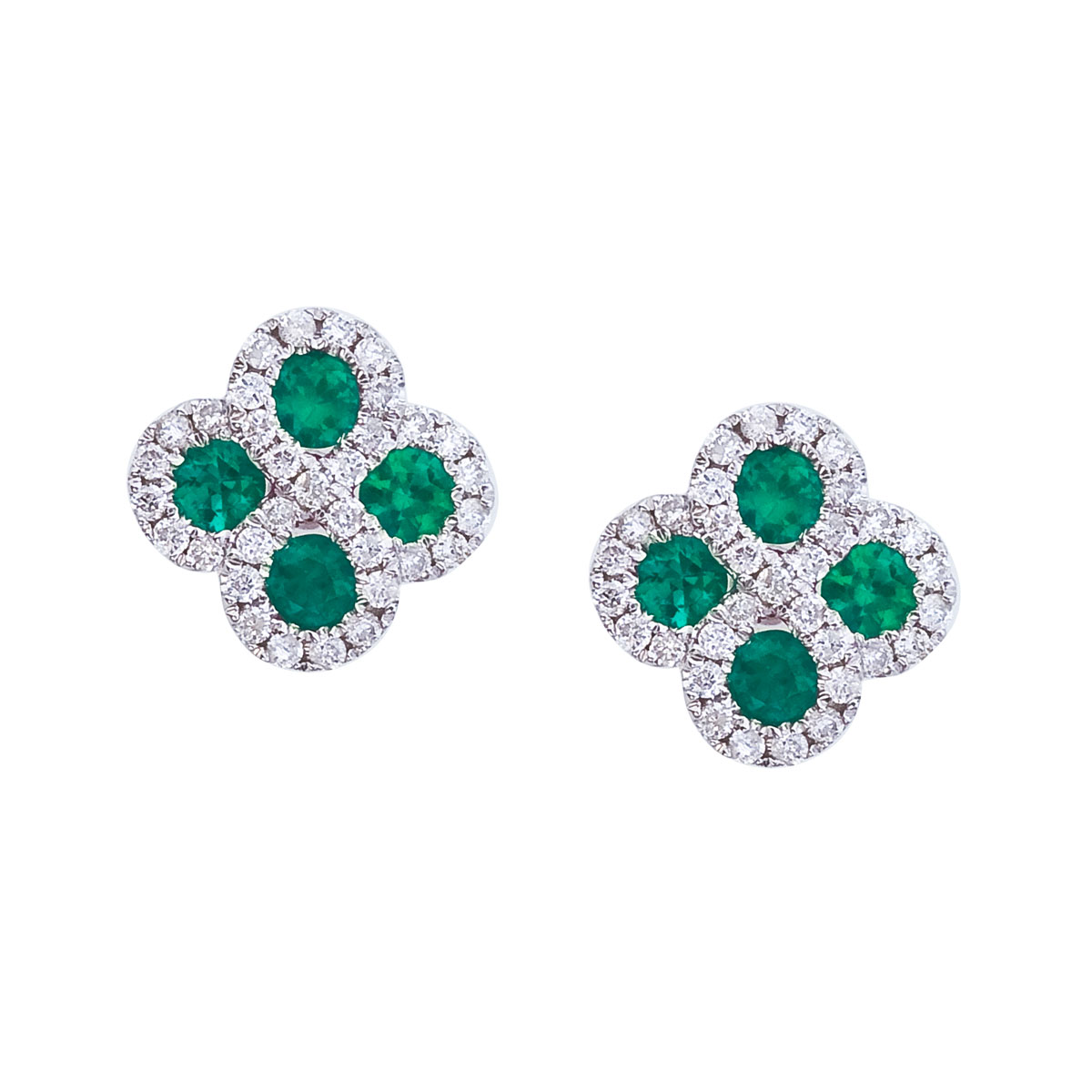 JCX2091: Beautiful clover shaped earrings with 2.7 mm emeralds surrounded by gleaming diamonds.