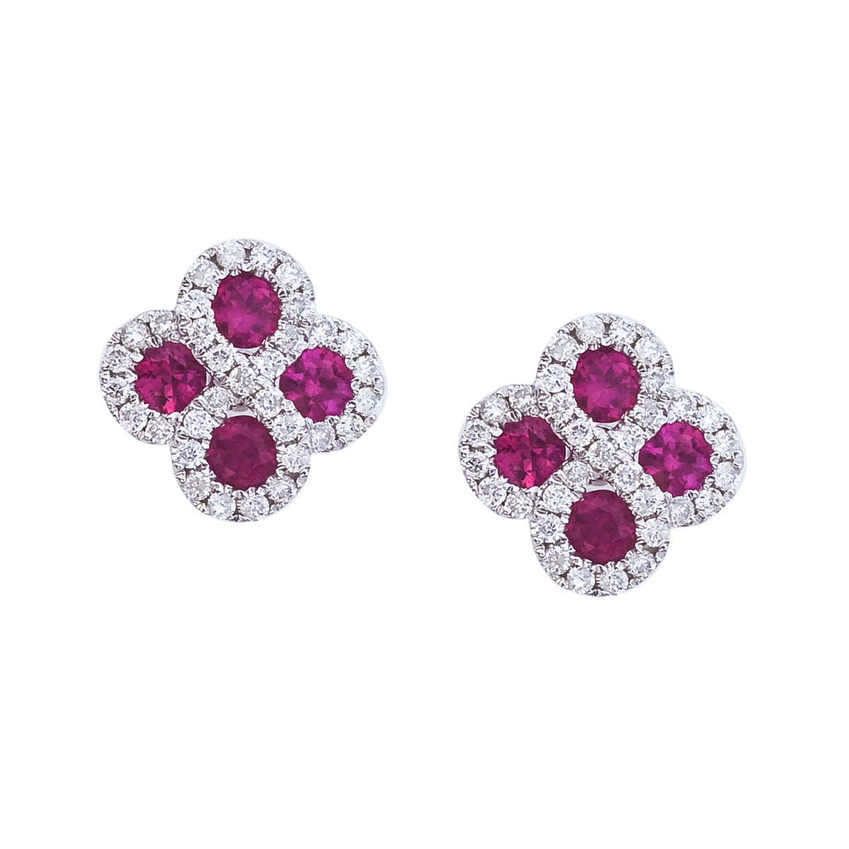 JCX2092: Beautiful clover shaped earrings with 2.7 mm rubies surrounded by gleaming diamonds.
